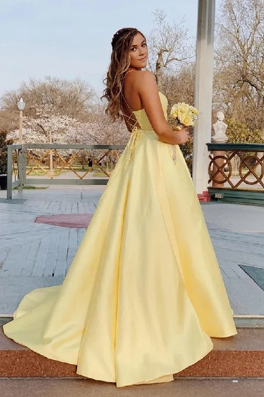 Exclusive Designer Style Deals Daffodil Spaghetti Straps Backless Long Satin Prom Dresses With Pockets N2627 Discounts On Casual Weekend Styles