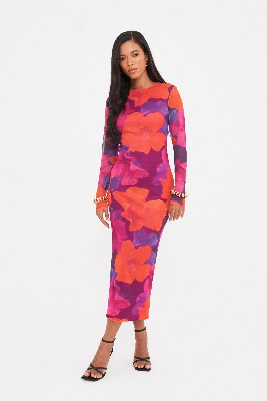 Chic & Modern Sales ABSTRACT MESH LONG SLEEVE MIDAXI DRESS Weekend Special