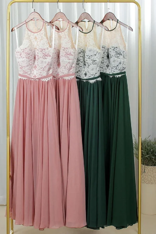 Sophisticated Fashion Pink Lace Pleated Long Bridesmaid Dress Charming Silhouette