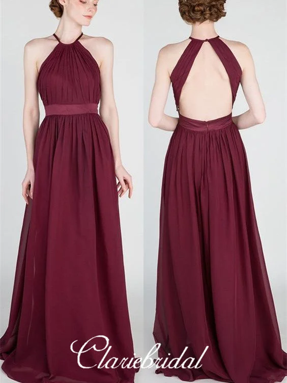 Fresh Styles, Fresh Deals Halter Burgundy Chiffon Long A-line Bridesmaid Dresses Weekend Special