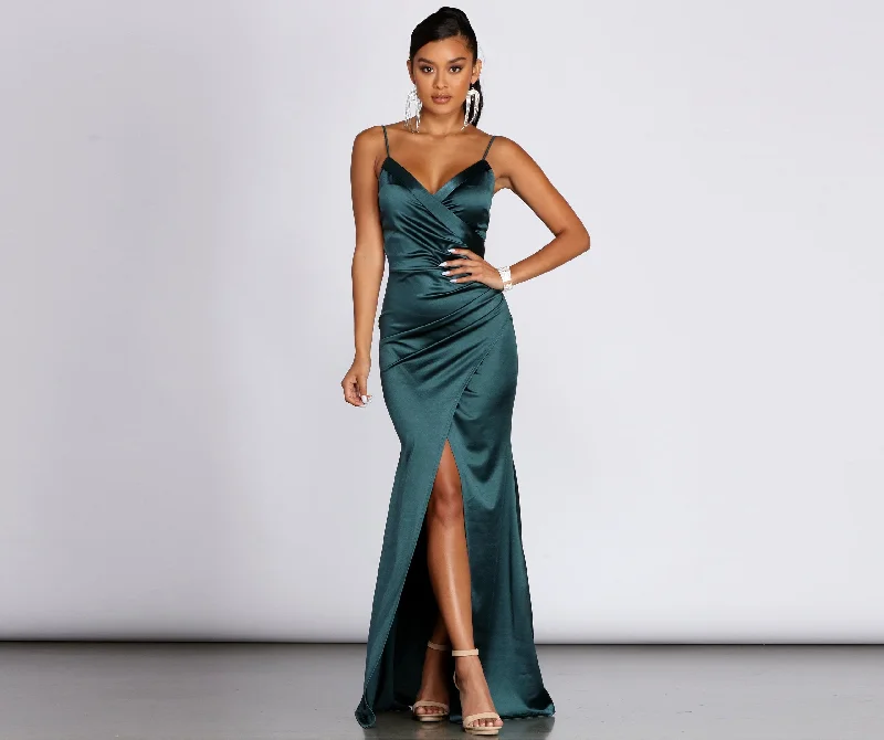 Trendy Looks On Sale Karen Satin Stylish Wrap Formal Gown Soft Textures