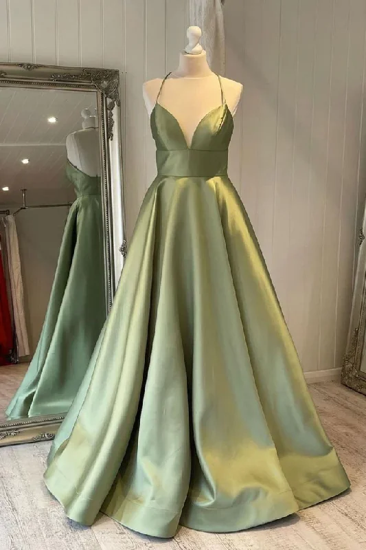 Exclusive Sale Simple A Line Satin Spaghetti Straps Green Long Prom Dresses Graceful Cut