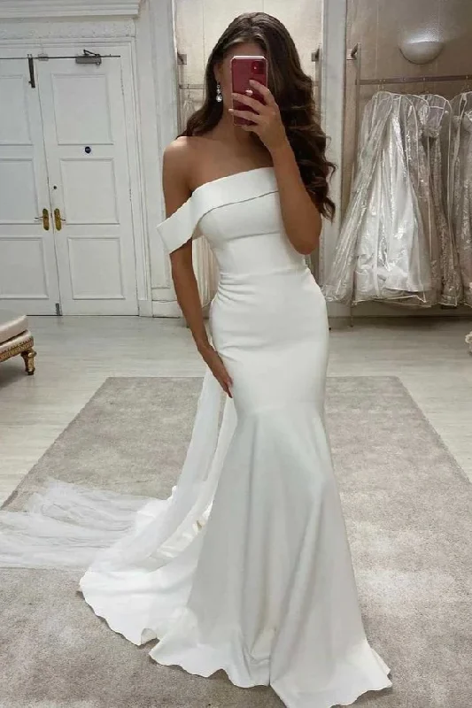 Shop Sale Items Off the Shoulder Mermaid Satin Bridal Dress UK Long Ivory Wedding Dress Exquisite Craftsmanship