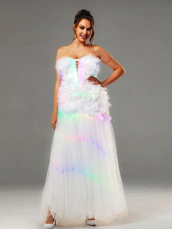 Fresh Fashion Discounts Strapless A Line Wedding Dress Feather With LED Lights Up Chic Urban Fashion Look