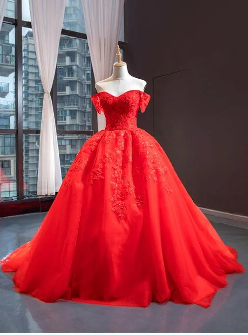 Hurry Before It'S Gone Red Ball Gown Tulle Appliques Off the Shoulder Beading Prom Dress   cg11746 Refined Simplicity