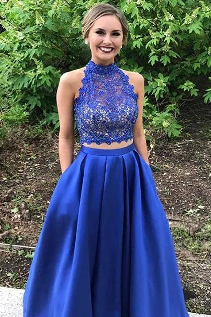 Chic And Edgy Two Piece Royal Blue High Neck Sleeveless Satin Floor Length Lace Prom Dresses N420 Dreamy Aesthetic