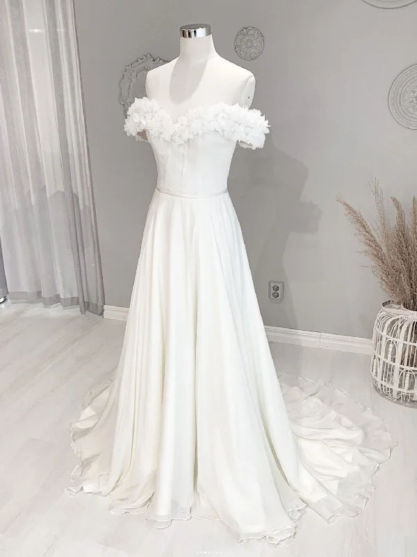 Best-Sellers White Off Shoulder Flowers Long Wedding Dress, White Beach Wedding Dress Hollywood Glam Award - Show Style