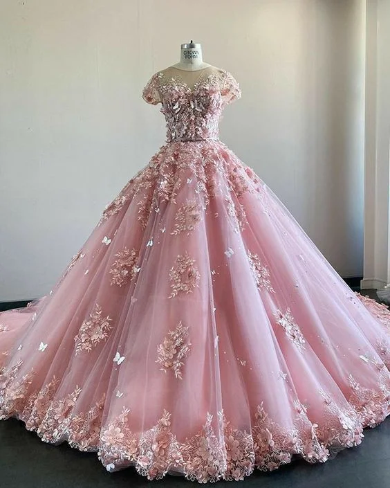 Flirty Fashion Discounts Pink Lace Tulle Prom Dress , Charming Ball Gown    cg18305 Y2K Nostalgic Fashion Look