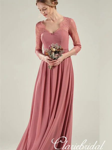 Top Brand Discounts Half Sleeves Dusty Pink Chiffon Lace Long Bridesmaid Dresses Romantic Date - Night Ensemble