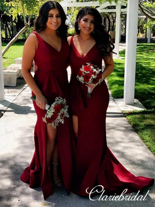 Fashion Sale V-neck Burgundy Side Slit Long Mermaid Bridesmaid Dresses Limited - Edition Drops