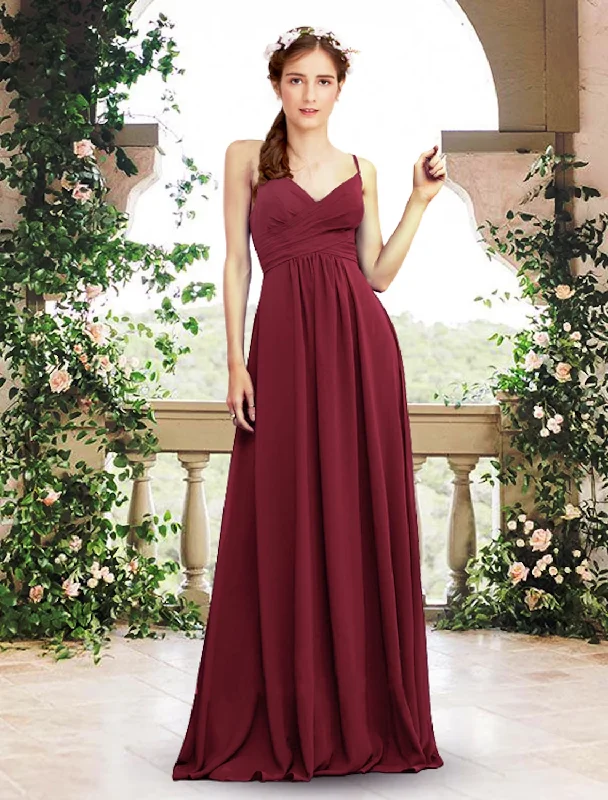 Absurdly Cheap Sale A-Line Bridesmaid Dress V Neck / Spaghetti Strap Sleeveless Elegant Floor Length Chiffon with Pleats Graceful Cut