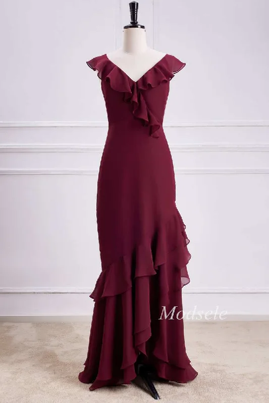 Easy Elegance Sales Asymmetrical Tiered Ruffle V-Neck Chiffon Bridesmaid Dress Effortless Style