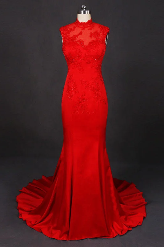 Budget Friendly Red Sleeveless High Neck Sleeveless Satin Evening Dresses Appliques Prom Dresses N2332 Modern Romance