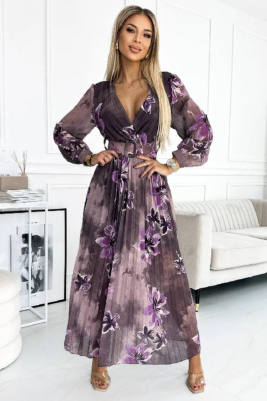 Elevated Casual Discounts Numoco Basic 520-1 Pleated chiffon long dress with a neckline, long sleeves and a wide belt - purple large flowers Sophisticated Cut