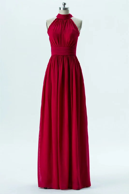 Valentine's Special Red Chiffon Halter Banded Waist Bridesmaid Dress Today Only