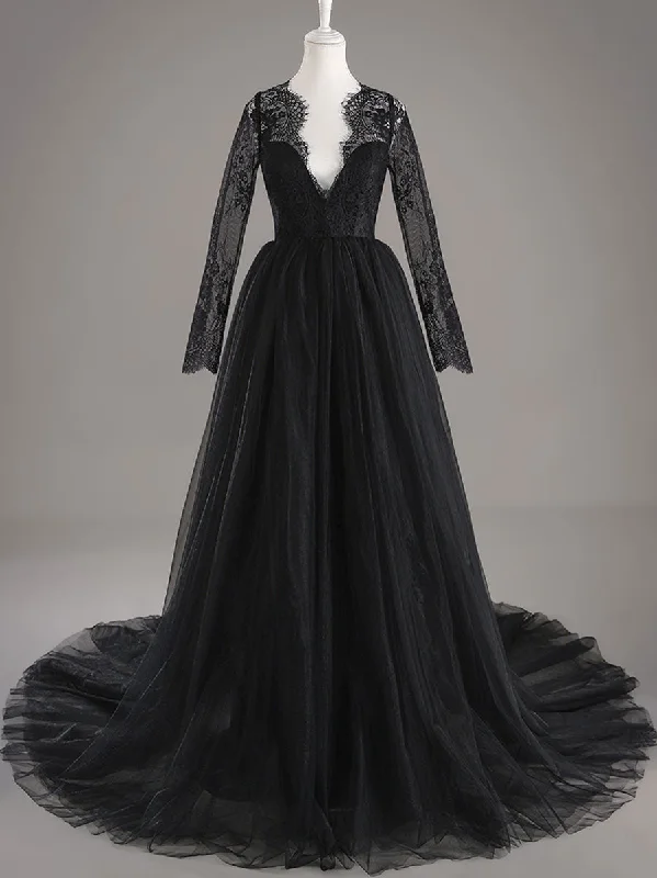 Catch Every Fashion Trend Black Lace Long Sleeve Wedding Dress A line V neck Tulle Gowns Artful Design