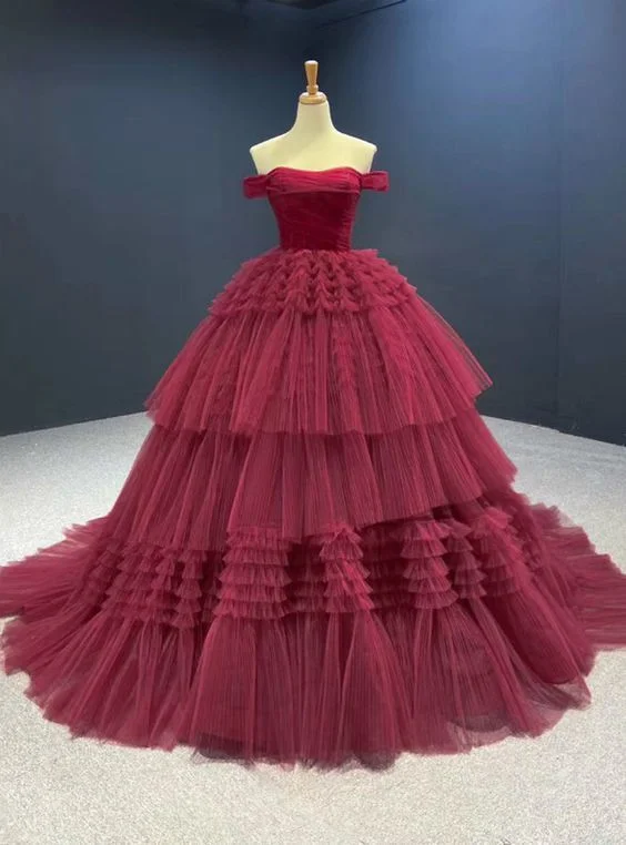 Classy Style Discounts Burgundy Ball Gown Tulle Off the Shoulder Pleats Prom Dress   cg16216 Bold Patterns