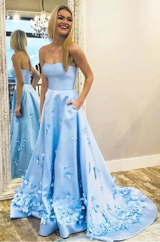 Urban Elegance Deals Sky Blue Strapless Satin Prom Dresses with Flowers Elegant Party Dresses with Pockets N2610 Holiday Sale