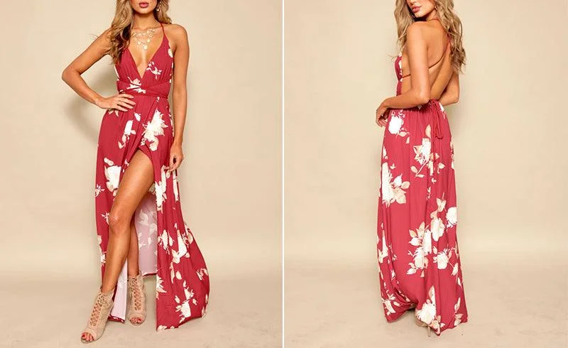 Chic Style Discounts RED FLORAL MAXI WRAP DRESS Soft Textures