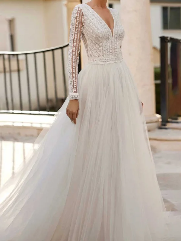 Fashion-Forward Long Sleeve V-Neck Wedding Dress A line Tulle Winter Fashion-Forward Style