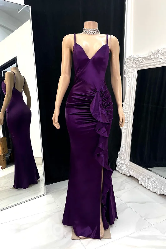 Mega Sale 22584 - Spaghetti Straps Draped Sleek Satin Prom Dresses for Black Girl Slay with Slit Romantic Detailing