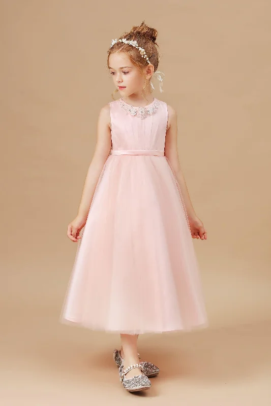 Fashion Deal Sleeveless Applique Tulle Crepe Satin Flower Girl Dresses With Bowknot Buy More, Save More