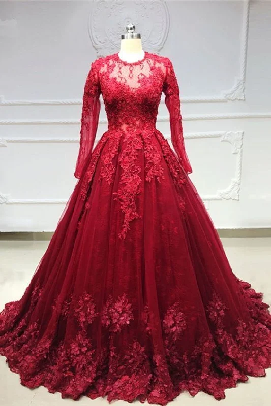 Classic Modern Offers Burgundy Tulle Lace Long Sleeve Princess Ball Gown, Formal Prom Dress   cg12019 Urban Sophistication