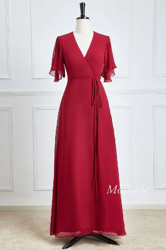 The Good Stuff Wine Red Chiffon Surplice Neck A-Line Long Bridesmaid Dress Bold Patterns