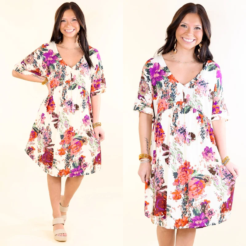 Premium Style Keep It On V Neck Floral Babydoll Dress in Ivory Artful Design