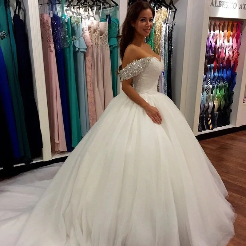 Vibrant Style Promotions Off the Shoulder Crystals White Wedding Dresses Ball Gown Tulle Bridal Dress Romantic Date - Night Ensemble