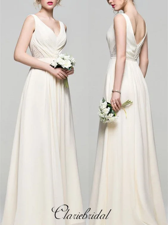 Trend Leading Collection V-neck Long A-line Ivory Chiffon Lace Bridesmaid Dresses Final Clearance