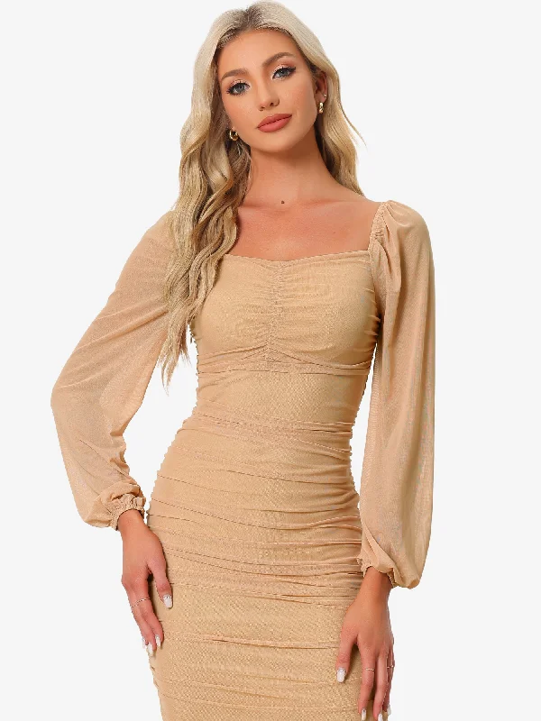 Vintage-Inspired Style Offers Bodycon Long Puff Sleeve Mini Mesh Ruched Solid Lace Up Party Dress Chic Urban Fashion Look