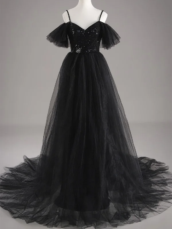 New Season Fashion Preview Black Sequin Wedding Dress A line Tulle Flutter Sleeves Vintage Charm