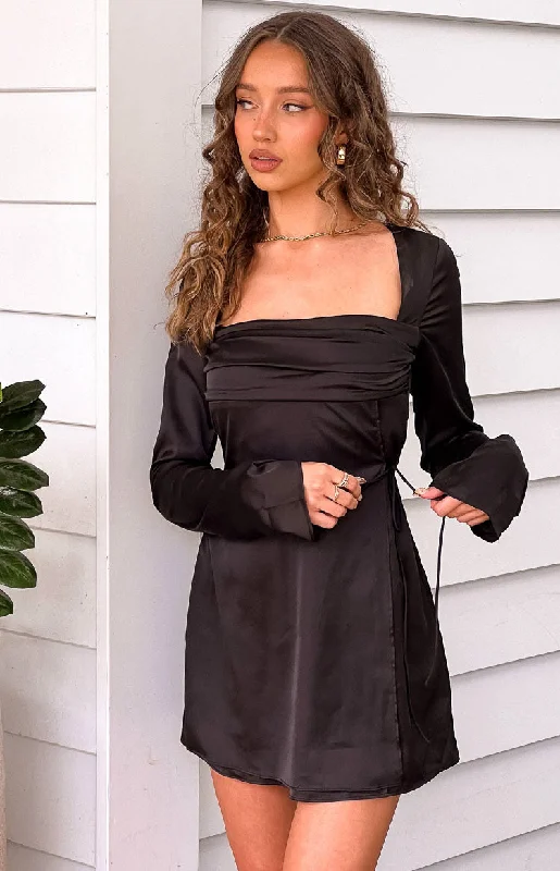 Top Deals Lucy Black Satin Long Sleeve Mini Dress Vintage Retro Party Wear