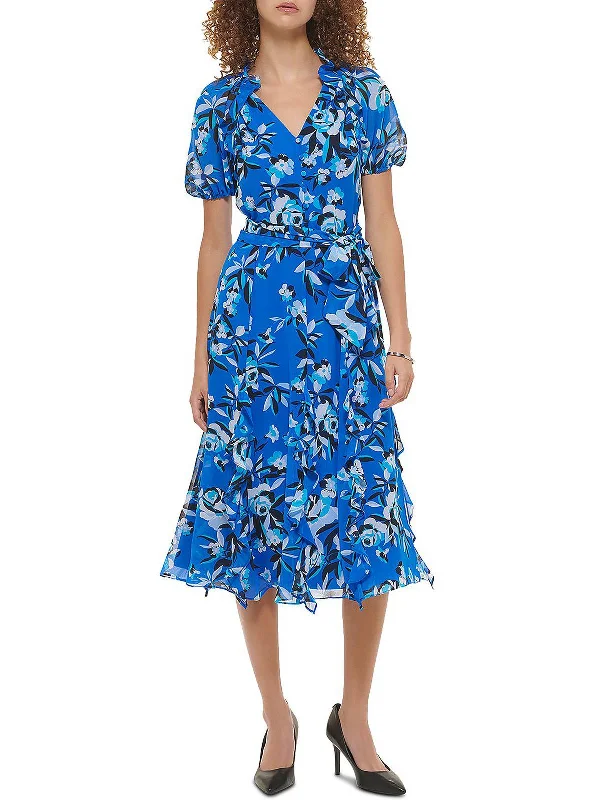 Seasonal Trends Womens Chiffon Floral Midi Dress Flowy Fabric