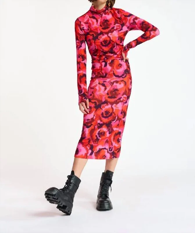 Embrace New Fashion Floral-Print Stretch Jersey Midi Dress In Pink/red Chic Allure