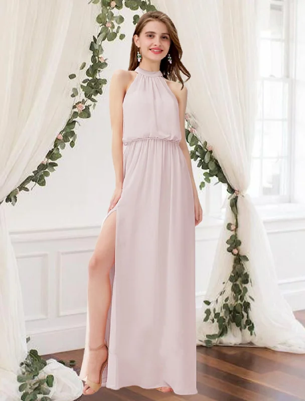 Special Offers, Don't Miss Sheath / Column Bridesmaid Dress High Neck Sleeveless Elegant Floor Length Chiffon with Pleats / Split Front Romantic Flair