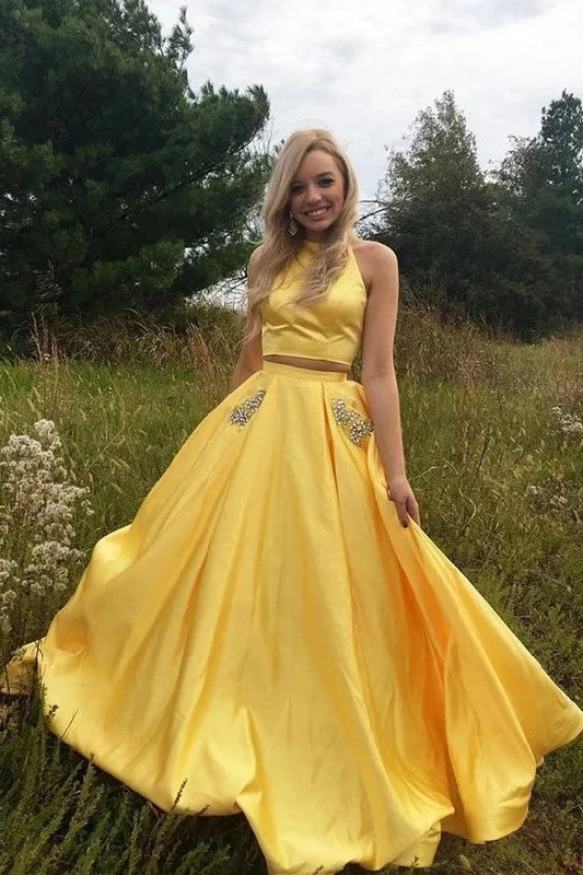 Limited Time Special Offer Yellow Satin Two Pieces Halter Long Prom Dresses with Silver Beading N2043 Sophisticated Cut