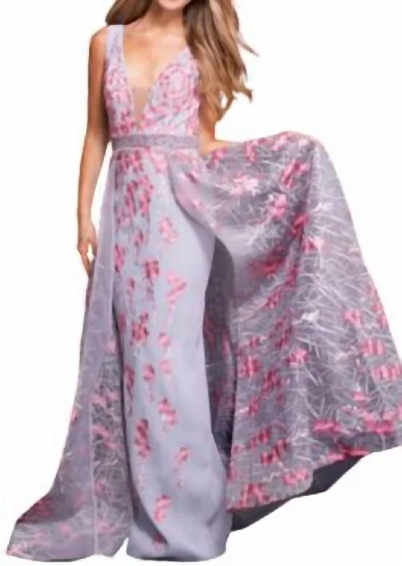 Style Upgrade Embroidered Floral Gown In Grey/pink Effortless Style