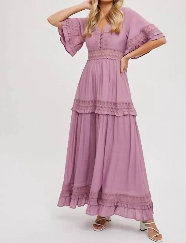 Mega Sales Crochet Lace Trim Maxi Dress In Rose Feminine Soft - Hued Styles