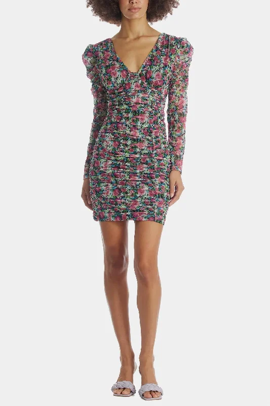 The Good Stuff Bristol Floral Ruched Long Sleeve Mini Dress In Black Pink Floral Fashion-Forward Style