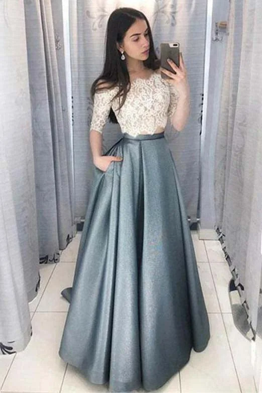 Limited Time Offer Two Piece Off-the-Shoulder Half Sleeves Satin Prom Dresses with Lace Top N1444 Score Big On Glamorous Red - Carpet Styles