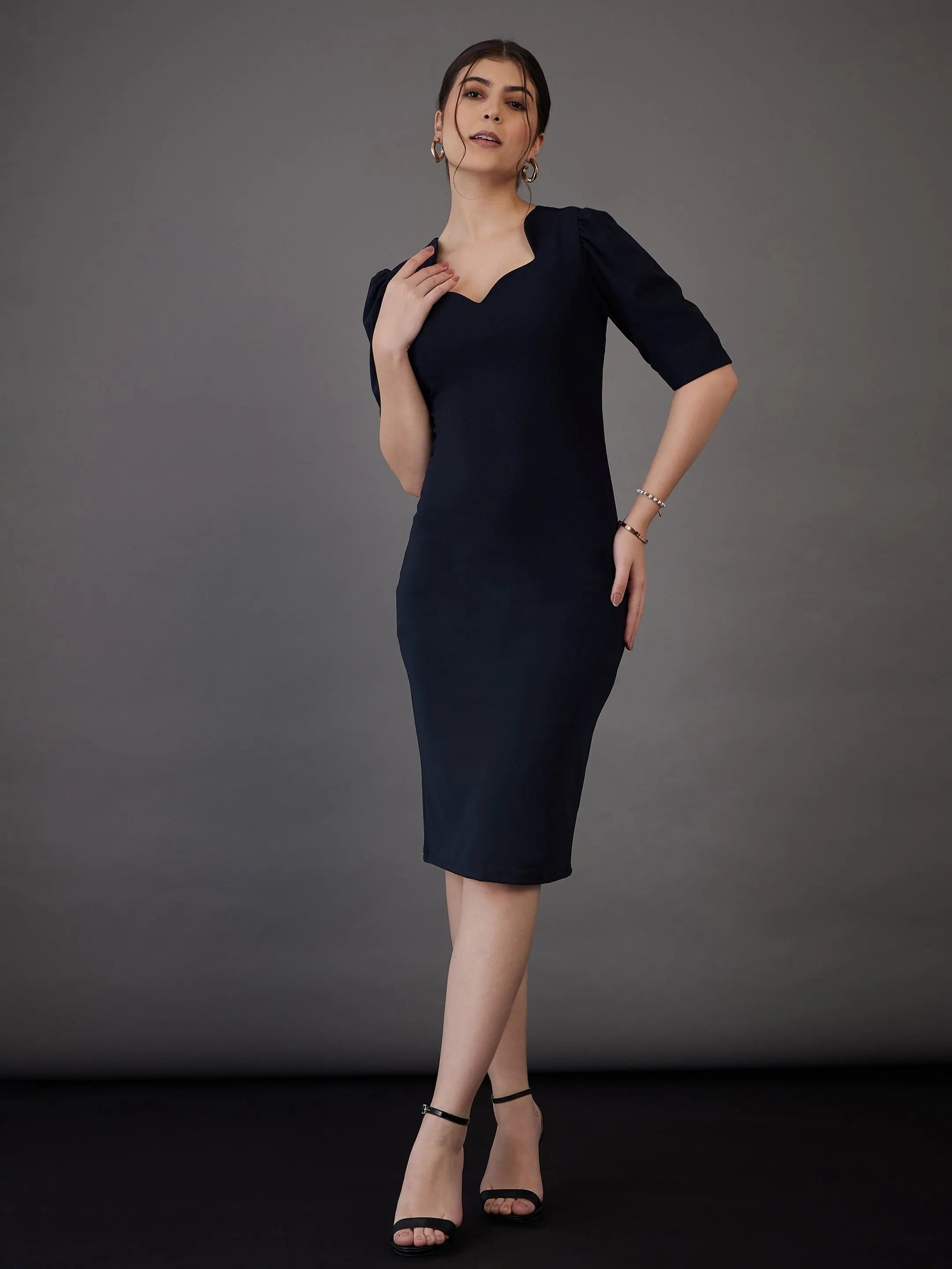 Limited Time Flash Sale Women Navy Sweetheart Neck Bodycon Midi Dress Graceful Movement