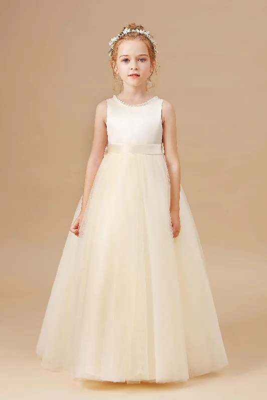 Exclusive Discount Champagne Sleeveless Tulle Satin Flower Girl Dresses With Bow Mid - Season Sale