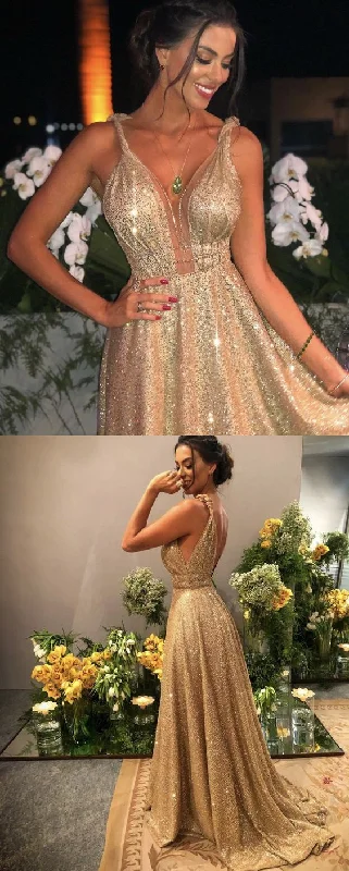 Weekend Exclusive Women's long sparkly gold prom dresses plunge neck formal sequins evening gown for special occasions   cg17033 Vibrant Prints