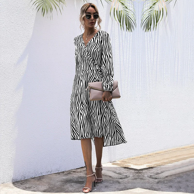 Chic & Cozy Collection KittenAlarm - V-neck Long Sleeve Spring Autumn Dress Women Striped Loose Boho Dress Seasonal Trend