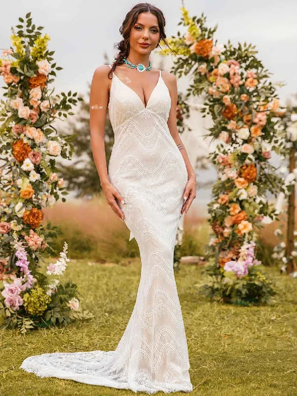 Limited Time Flash Sale V Neck Mermaid Wedding Dresses Boho Lace Slip Overlay Urban Sophistication