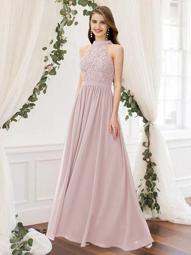 Summer Deals A-Line Bridesmaid Dress Jewel Neck Sleeveless Elegant Floor Length Chiffon / Lace with Pleats Cottagecore Rustic Charm Style