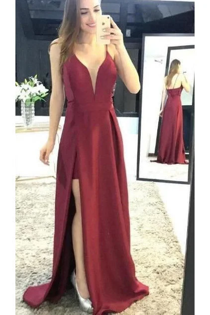 New Season Fashion Preview Sale Burgundy Sleeveless Prom Dresses Spaghetti Strap Split Satin Party Dresses N1724 Fashion-Forward Style