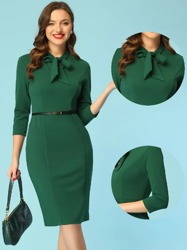 Must-Have Style Discounts Front Tie Neck 3/4 Sleeve Work Bodycon Sheath Dress Elegant Contour